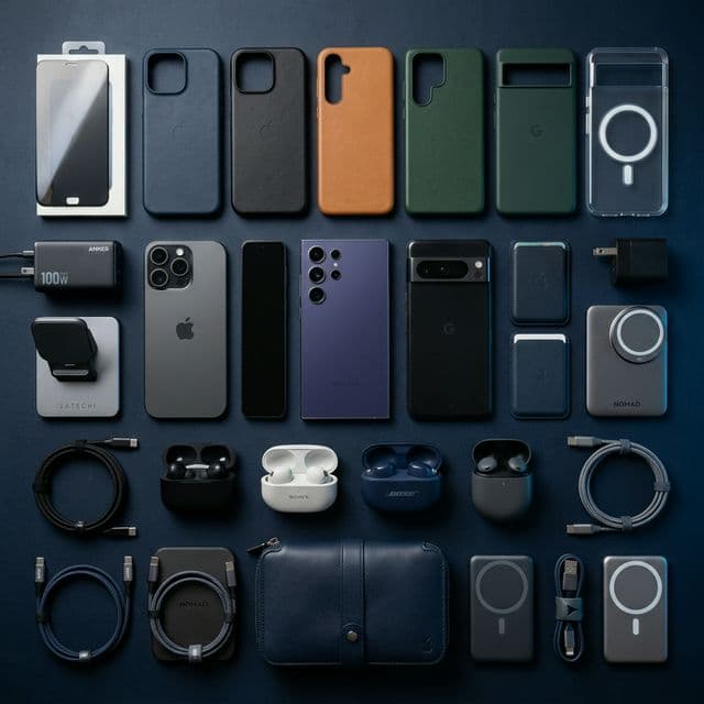 Premium phone accessories flat lay